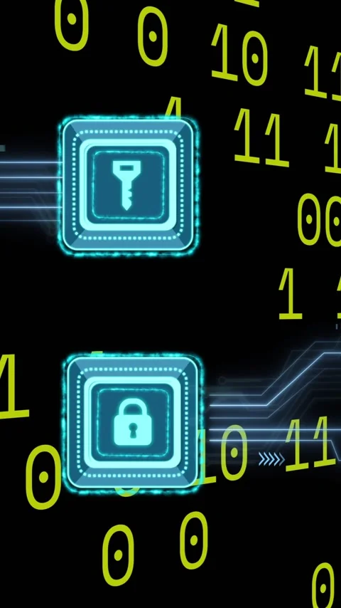 Animation of key, padlock icons, binary coding over circuit board on black Stock Footage 320662878