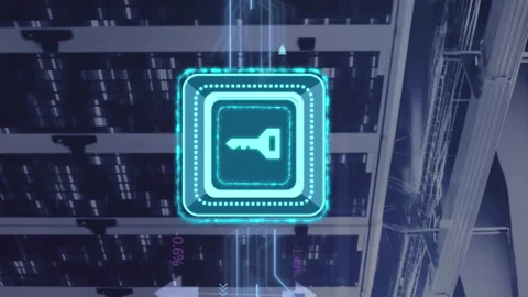 Animation of key in square, connected arrows, circuit board pattern over data Stock Footage 312875643