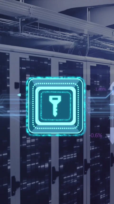 Animation of key in square, connected arrows, circuit board pattern over data Stock Footage 320984130
