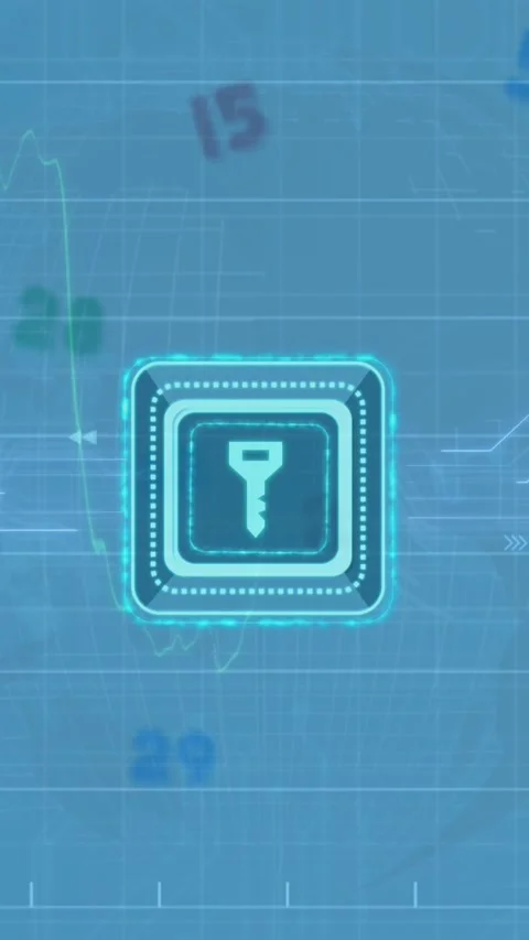 Animation of key in squares, multiple graphs with changing numbers, circuit Stock Footage 344525672