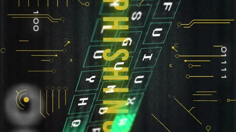 Animation of keyboard cutout on phishing text, binary code, glitch technique, Stock Footage 313377973