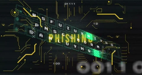 Animation of keyboard cutout on phishing text, binary code, glitch technique, Stock Footage 330469191
