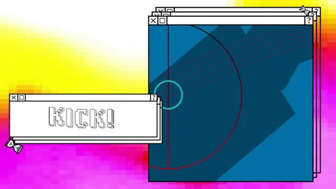 Animation of kick text and computer window screens with neon pattern Stock Footage 265566398