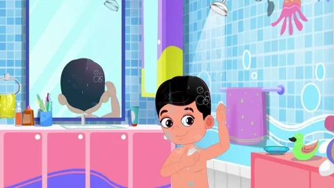 Animation of a kid is having shower Stock Footage 303685518
