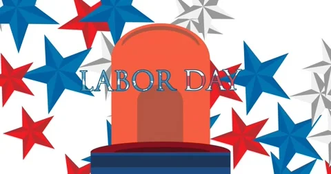 Animation of labor day text and police siren over blue,red and white stars on Stock-Footage 328810255