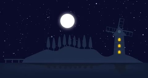 Animation landscape wind mill and lake in the night dark Stock Footage 341457658