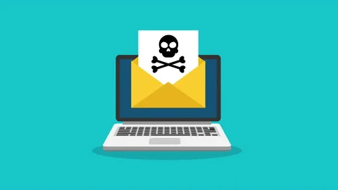 Animation of Laptop and envelope with  document and skull icon. Video stock 229940732