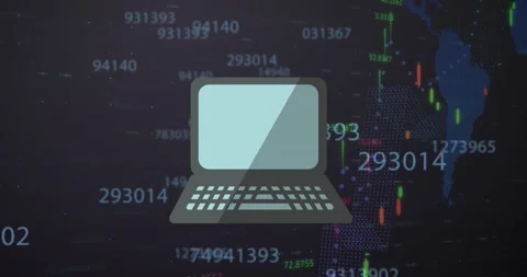 Animation of laptop icon and changing numbers over financial data processing Vídeos de archivo 330178956