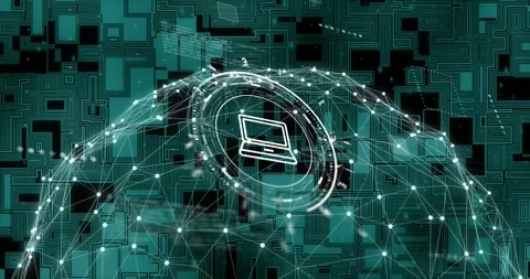 Animation of laptop icon and data processing over network of connections and Stock Footage 329032237