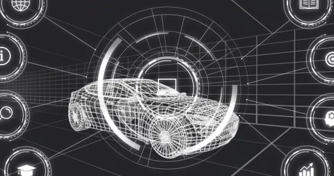Animation of laptop icon in loading circles and flowchart of icons over 3d model 스톡 동영상 257104509