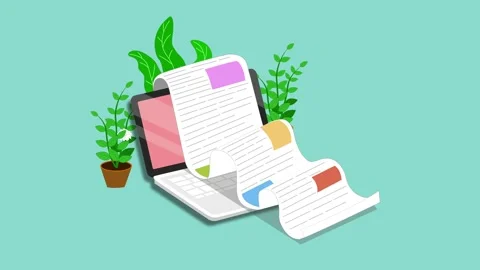 Animation of a laptop with long scroll of documents spilling out, Laptop wi.. Vidéo 334762931