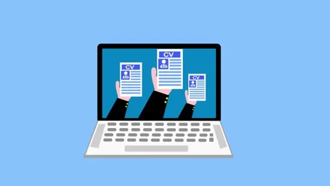 Animation of a laptop screen showing three hands holding cv/resume documents Stock Footage 335113484