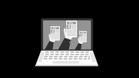 Animation of a laptop screen showing three hands holding cv/resume documents Stock Footage 335113489
