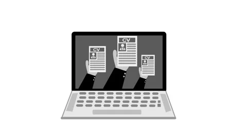 Animation of a laptop screen showing three hands holding cv/resume documents Stock Footage 335113499