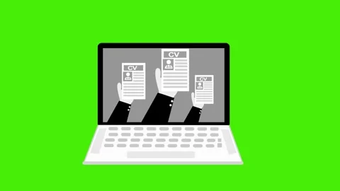 Animation of a laptop screen showing three hands holding cv/resume documents Stock Footage 335113510