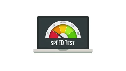 Animation of a laptop with a speed test meter, symbolizing internet speed or Stock Footage 304655706