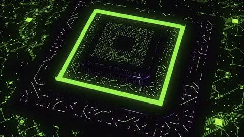 Animation with large 3D computer chip. Motion. Neon computer chip with イラスト素材
