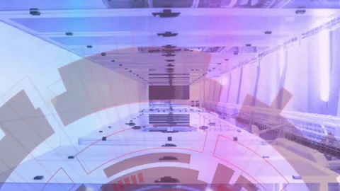 Animation of layers of blue and pink light and circular scanner processing data Stock Footage 313412082
