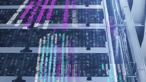 Animation of layers of blue, pink and white text data processing over server Stock Footage 312916635