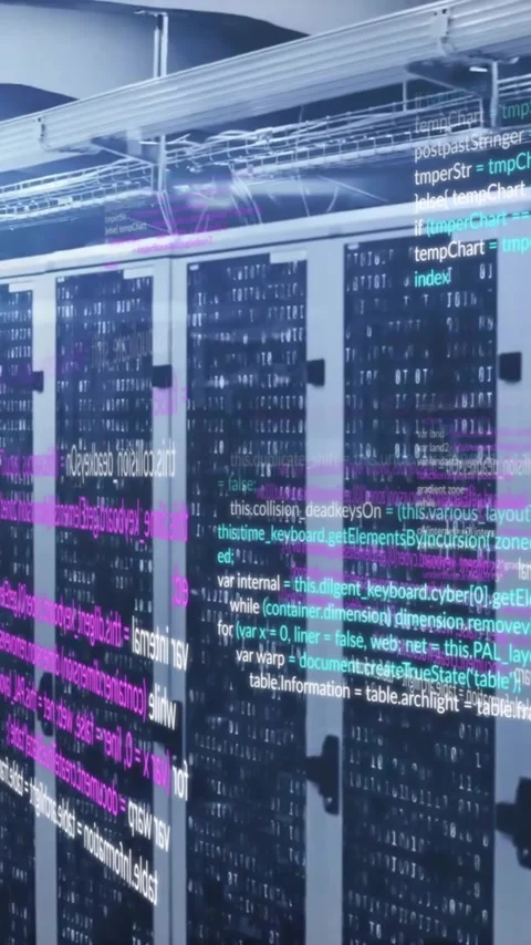 Animation of layers of blue, pink and white text data processing over server Stock Footage 320662777