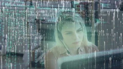 Animation of layers of data processing over caucasian woman in headset using Stock Footage 220942159