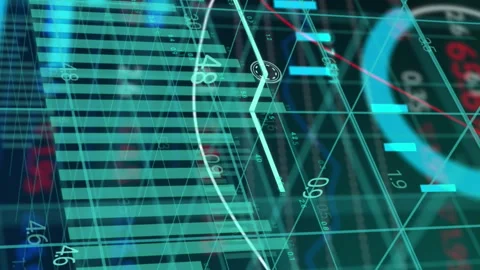 Animation of layers of graphs, charts and processing data over 3d grid Stock Footage 312409793
