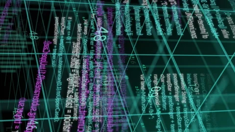 Animation of layers of pink, white and blue data processing over 3d grid on Stock Footage 312351136