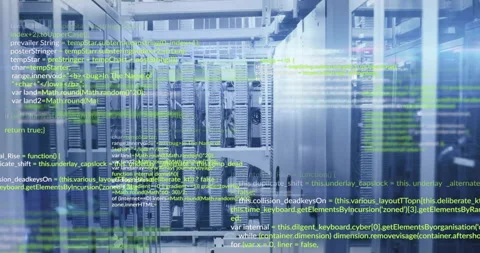 Animation of layers of yellow and white text data processing over server room Stock Footage 266202789