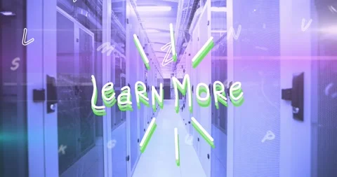 Animation of learn more text and letters over server room Stock Footage 330475216