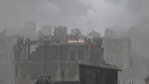 Animation left to right dolly of an abandoned Post Apocalyptic city Stock Footage 120921416