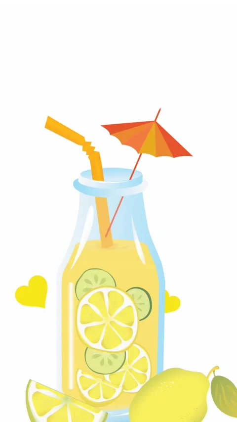 Animation of lemonade bottle and lemon icon with yellow heart floating against Stock Footage 344706407