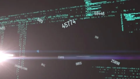 Animation of lens flare, digits and programming language against black Stock Footage 328588397