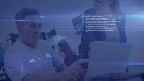 Animation of lens flares and computer language over caucasian coworkers Stock Footage 330337207