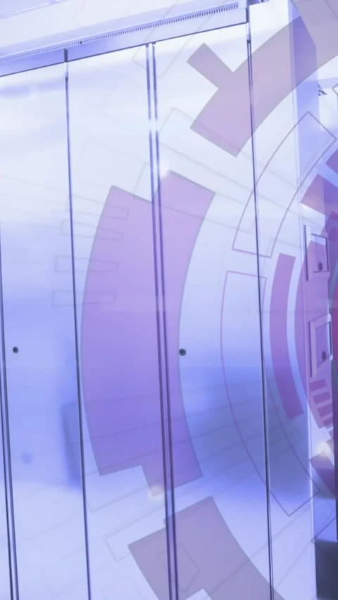 Animation of lens flares and loading circles over server racks in server room Stock Footage 343996657