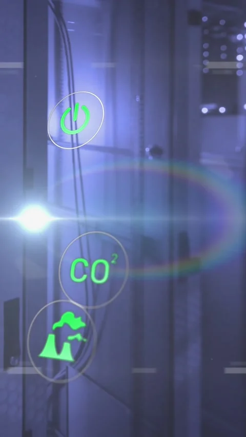 Animation of lens flares and multiple icons over illuminated data server room Stock Footage 342034100