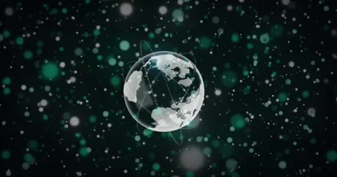 Animation of lens flares with binary codes forming circles around globe over Stock Footage 248674131