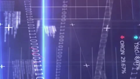 Animation of lens flares over looping binary codes, trading board and graphs Stock Footage 313166394