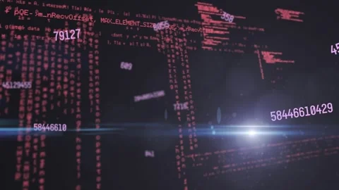 Animation of lens flares over looping changing numbers and computer language on Stock Footage 327126339