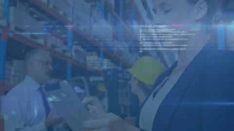 Animation of lens flares, programming language, caucasian woman using digital Stock Footage 330054732