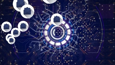Animation of letter in envelope icons, arc reactor, circuit board pattern over Stock Footage 257205512