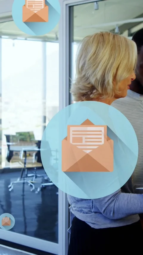 Animation of letter, envelope icons, diverse coworkers standing and discussing Stock Footage 344783899
