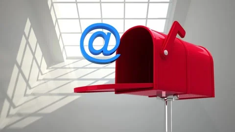 Animation of letterbox with at symbol over empty white room with window Stock Footage 326426305