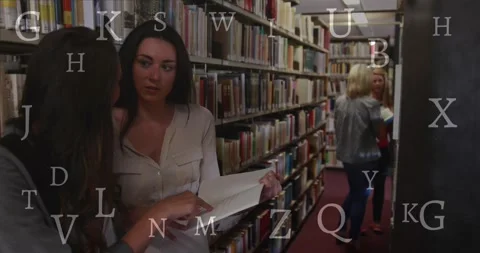 Animation of letters and data processing over diverse students Stock Footage 328091349