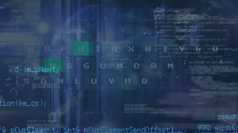 Animation of letters, binary codes over computer language against server room in Stock Footage 246530521