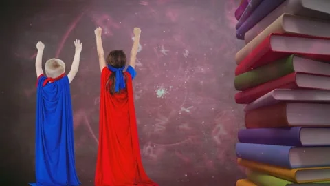 Animation of letters moving over boy and girl in superhero capes with stack of Stock Footage 328500021