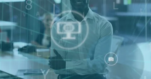 Animation of letters, number and icon in circles over african american man Stock Footage 327444989