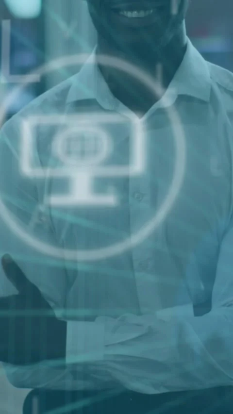 Animation of letters, number and icon in circles over african american man Stock Footage 344775023