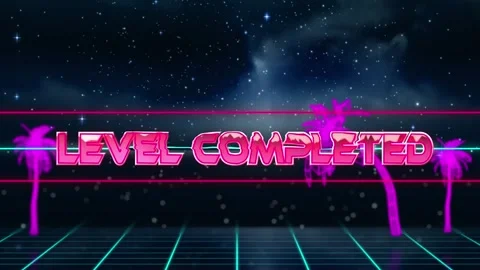 Animation of level completed text with graphical triangle shape moving amidst Stock Footage 328154130