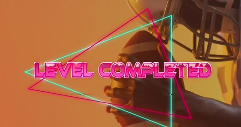 Animation of level completed text over neon pattern and african american Stock Footage 329222018
