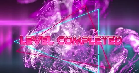 Animation of level completed text over neon triangular banner against purple Stock Footage 330115977